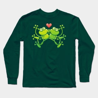 Couple of funny green frogs in love kissing passionately Long Sleeve T-Shirt